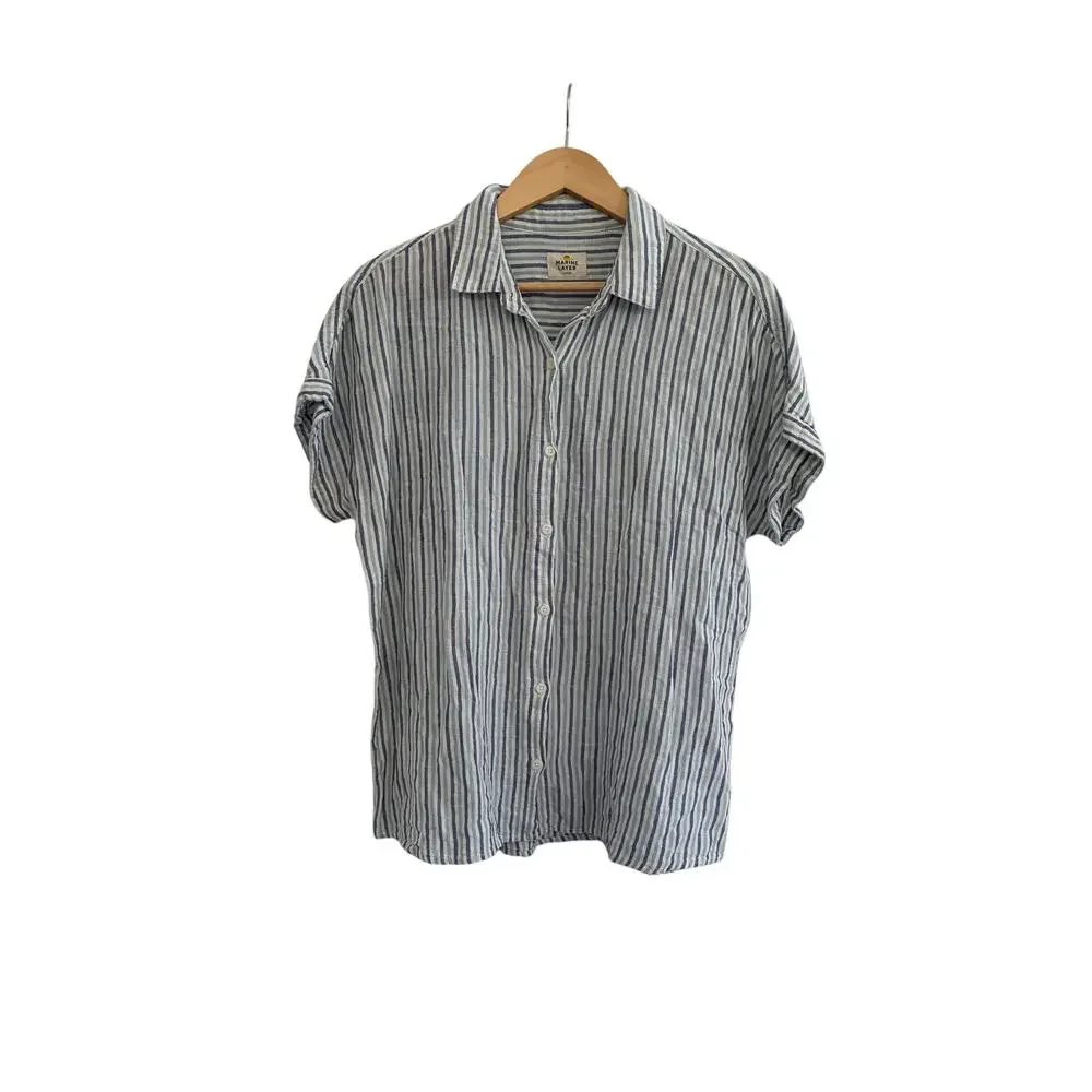 Marine Layer Striped Button Down Blouse Womens Large Nautical Casual Beach Linen - Picture 1 of 10